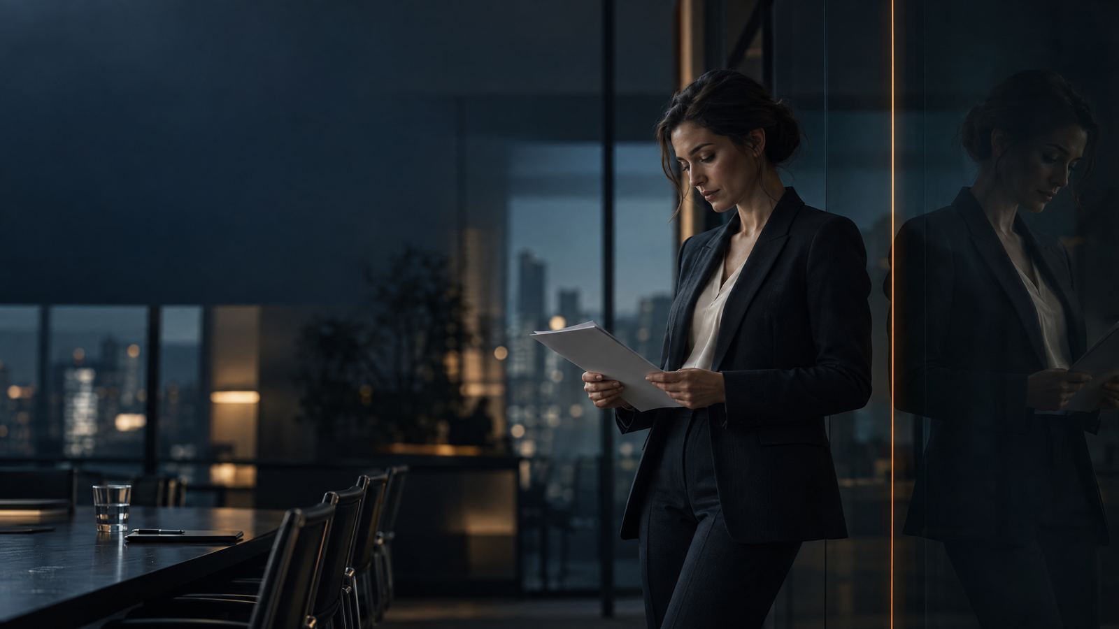 A composed professional preparing for a presentation beside dark glass with a fine copper alignment line.