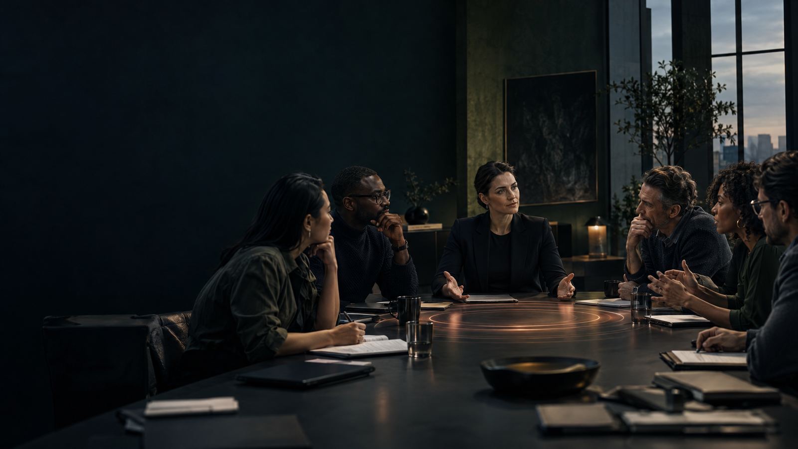 A calm leader creates space in a tense workplace meeting as a subtle copper ripple moves across a dark table.