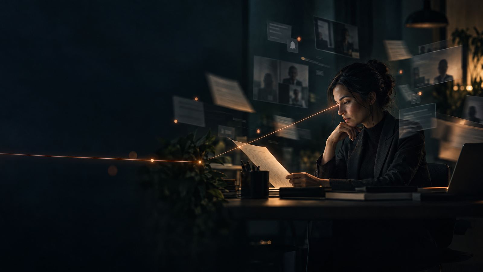 Calm professional at a desk with a single copper line of attention through muted notification fragments and blurred meeting windows.