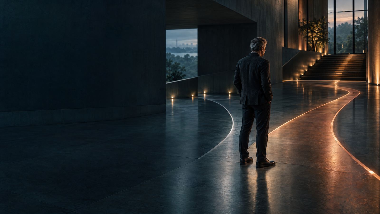 Senior leader pausing at a decision point between two illuminated routes in a dark architectural workplace.