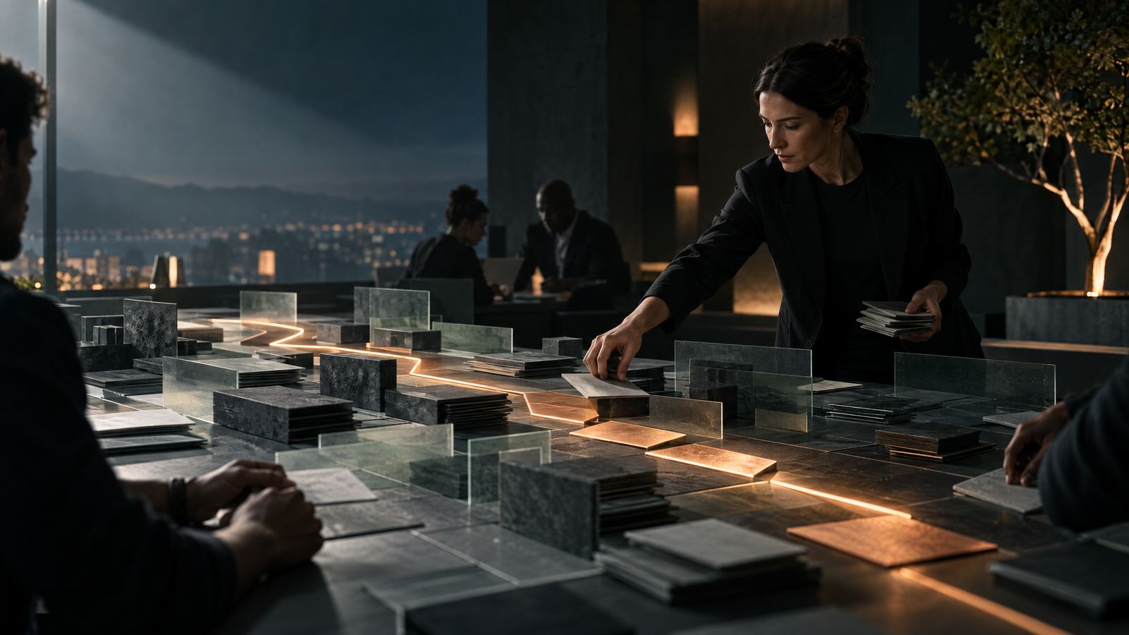 A manager clears a copper route through a dark workspace of complex task cards for a team.