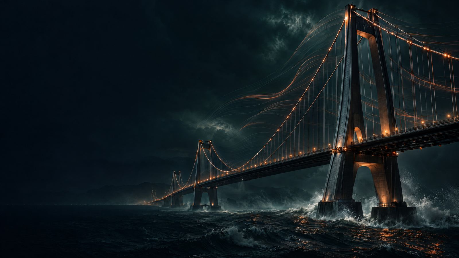 An engineered bridge flexing safely in high wind above dark water, with restrained copper light along its supports.