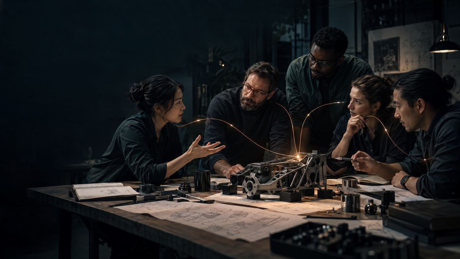 A diverse team reviewing a complex prototype as one member respectfully challenges an assumption, linked by a subtle copper line of shared attention.