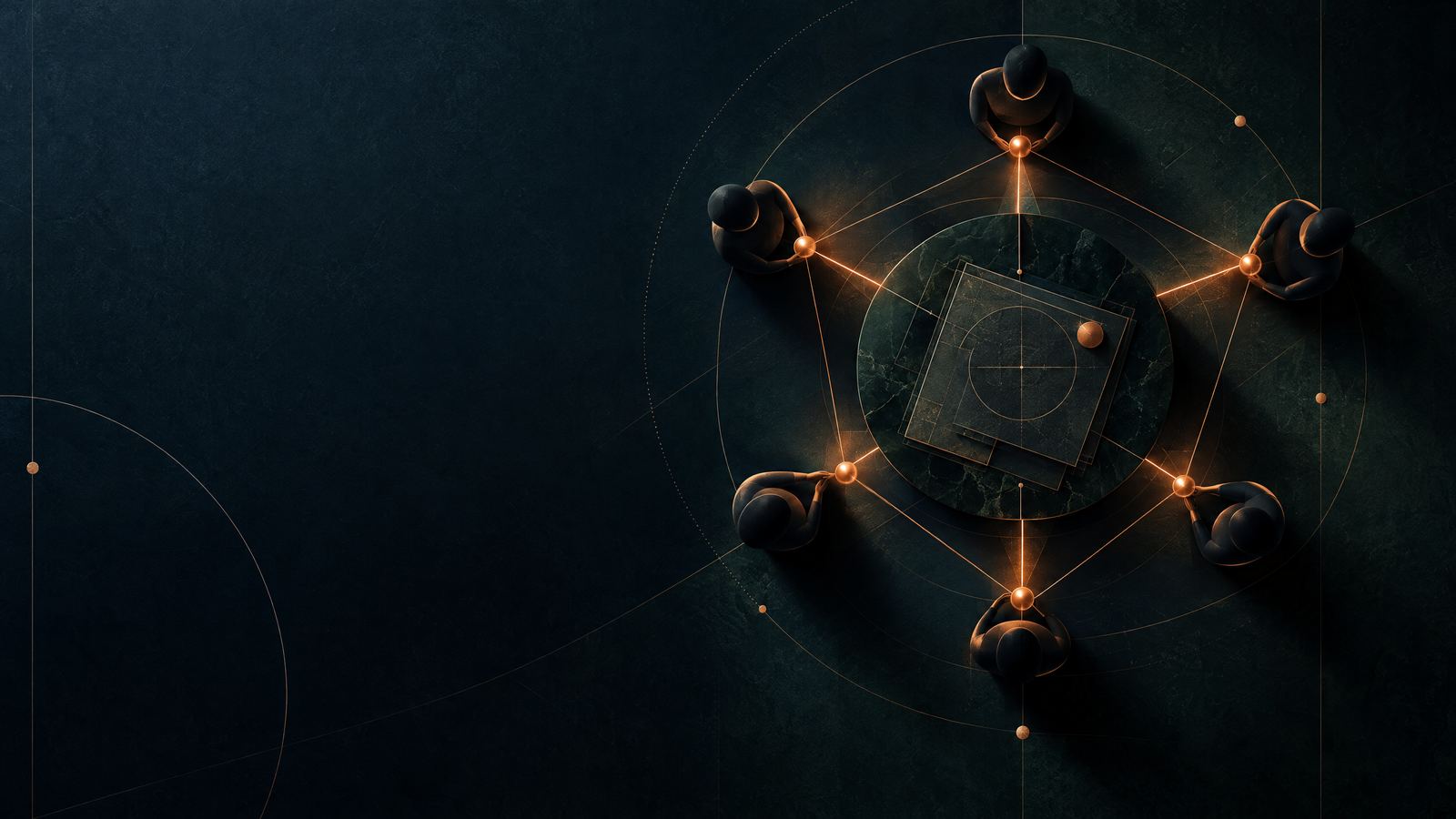 Top-down abstract support network around a shared project, with copper connections across a midnight field.