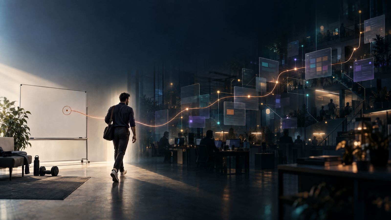 A professional steps from a bright training-room whiteboard into a dark, complex work landscape, connected by a single copper pathway.